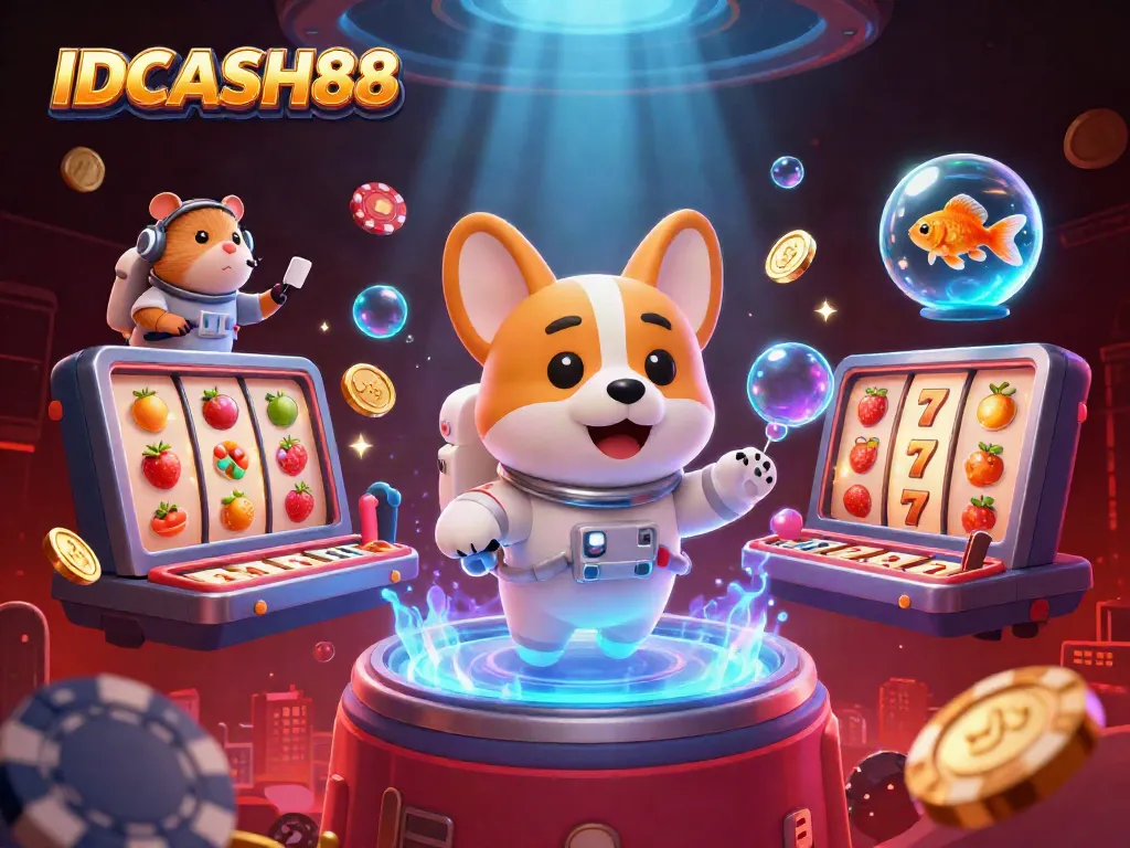 Experience the thrilling atmosphere of IDCASH88 with a corgi astronaut and goldfish in a vibrant casino.