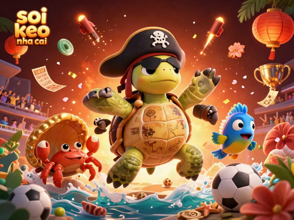 Engaging 3D illustration showcasing a pirate turtle and friends amidst sports betting action for soi keo nha cai.