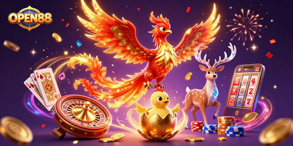 Engage with OPEN88's diverse games featuring exciting characters and elements in a vibrant casino scene.