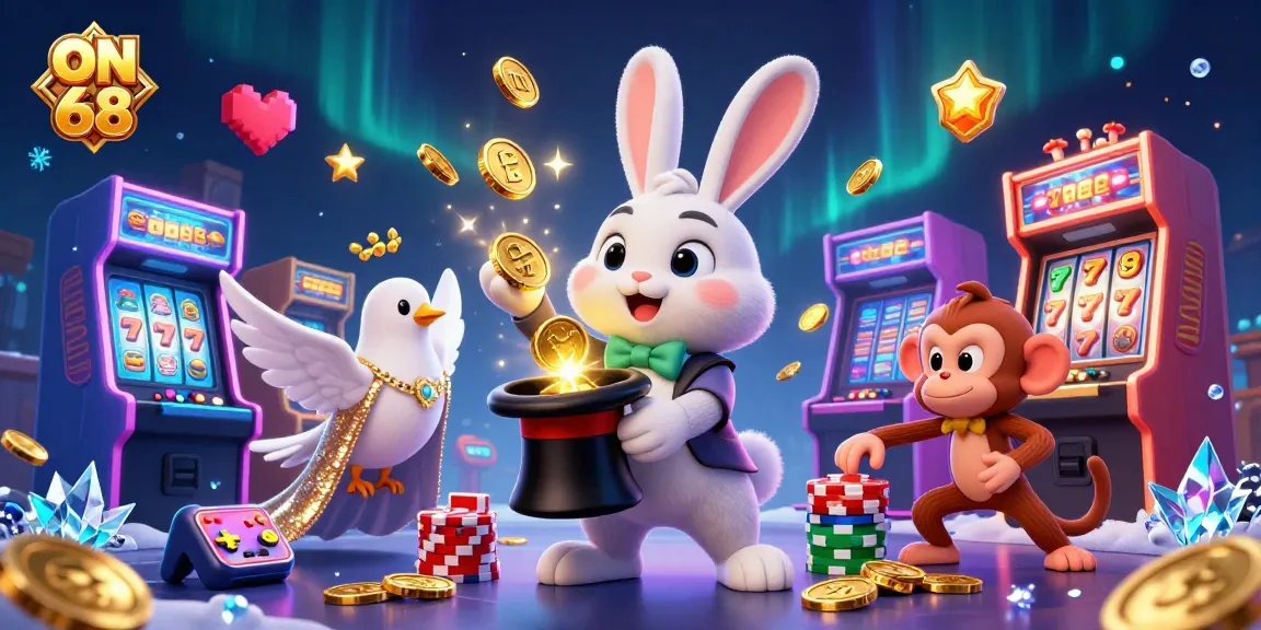 Experience ON 68's thrilling slots as a magician rabbit pulls coins from a hat amidst vibrant casino visuals.