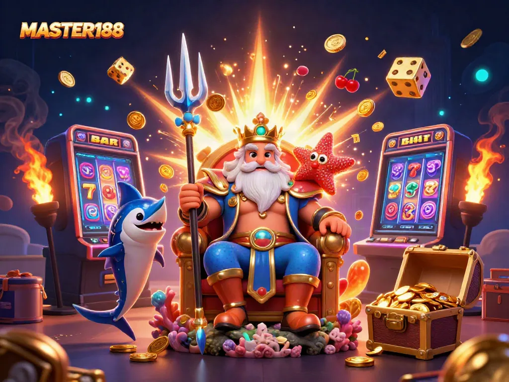 Experience the vibrant universe of MASTER188 with Neptune and casino elements bursting with excitement and jackpots.