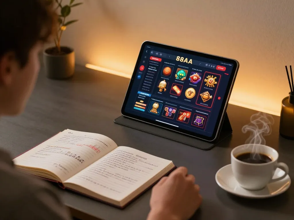 Engaged player using tablet for 88aa online casino gaming at stylish home setup.