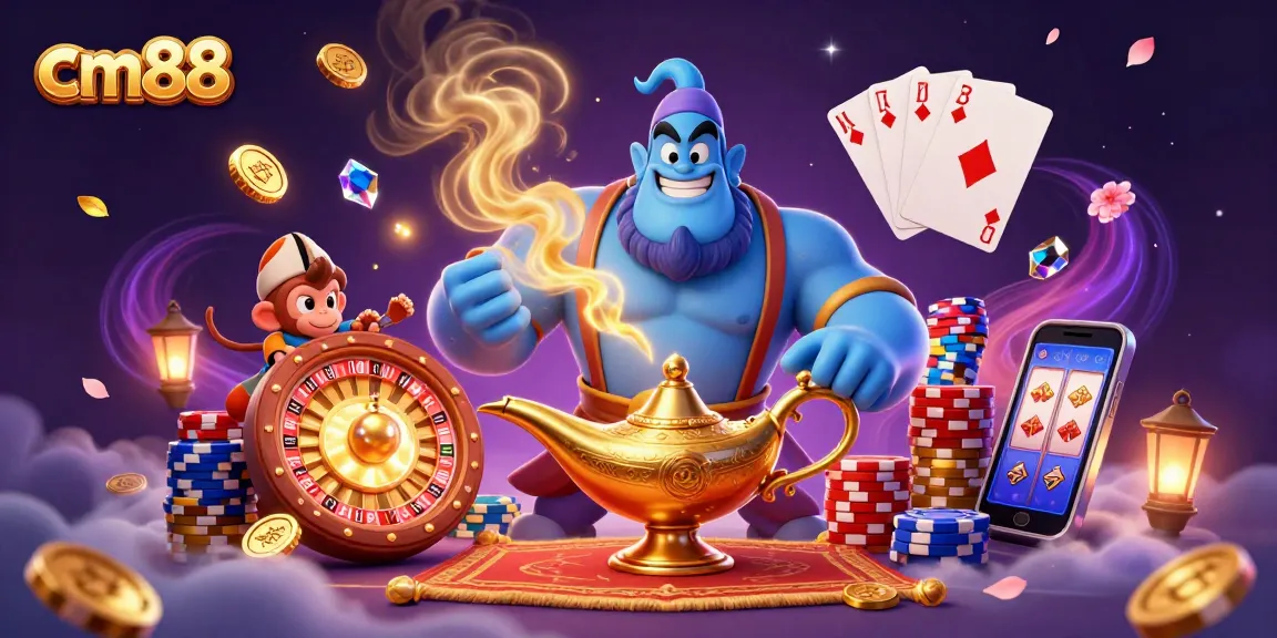 Experience dynamic gaming thrills with cm88 as a genie emerges surrounded by poker chips and shining coins.