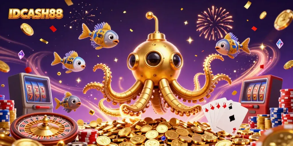 Experience excitement with IDCASH88's vibrant 3D illustration of a golden kraken amidst casino elements.