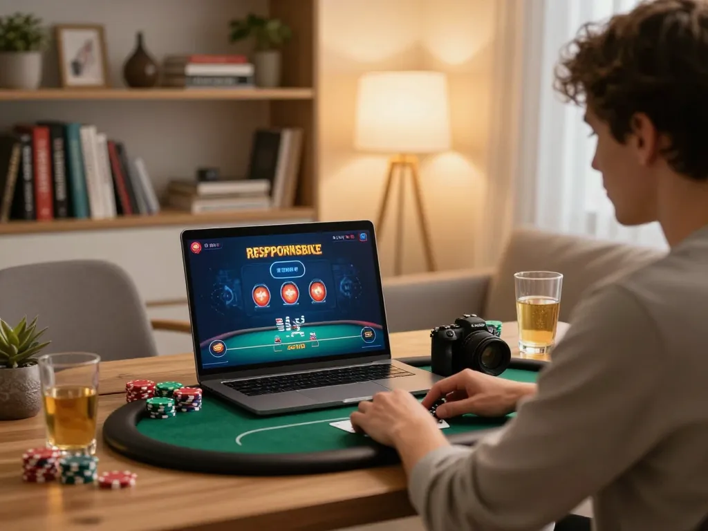 Play online poker at home with a laptop showcasing live dealer game on screen, 789 strategy insights.