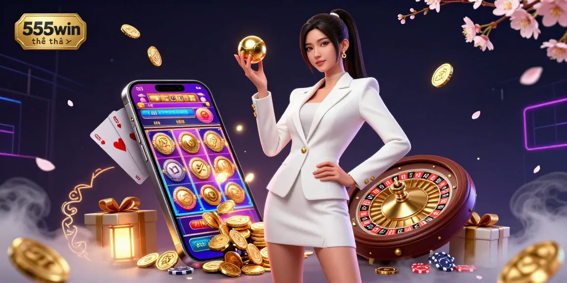 Experience thrilling bets at 555win thể thao, where golden coins explode from a smartphone showing slot games.