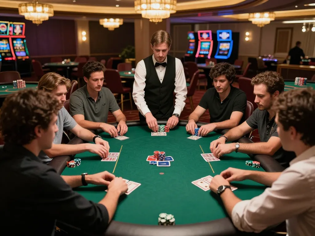 C168 poker players strategizing around a green felt table in a bustling casino atmosphere.