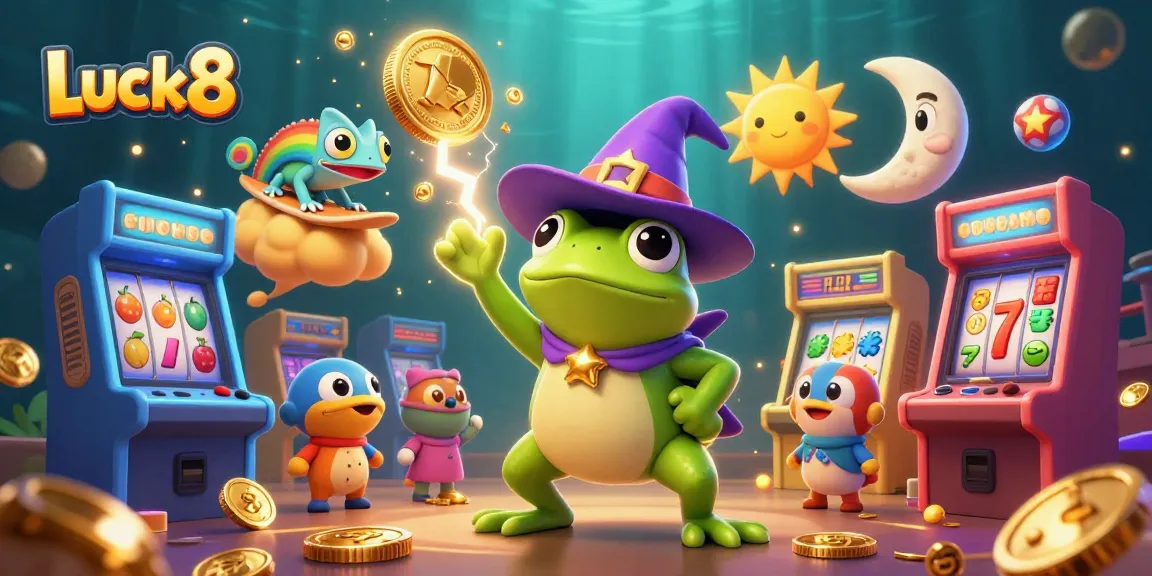 Experience Luck8's thrilling jackpot moment as the whimsical frog wizard summons golden coins amidst a vibrant casino backdrop.