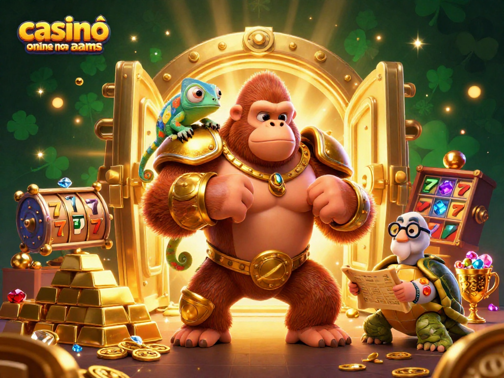 Gioco emozionante in un casinò online non aams con gorilla dorato e slot machine colorate.