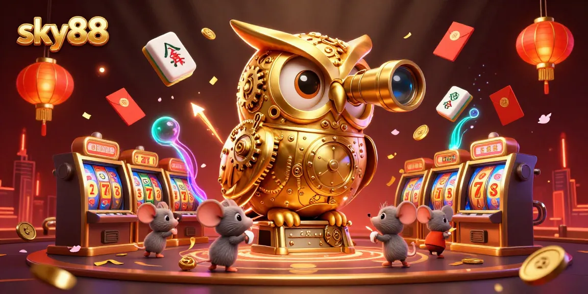 Experience thrilling action with sky88 as a golden owl surveys a bustling casino scene, full of vibrant gaming elements.