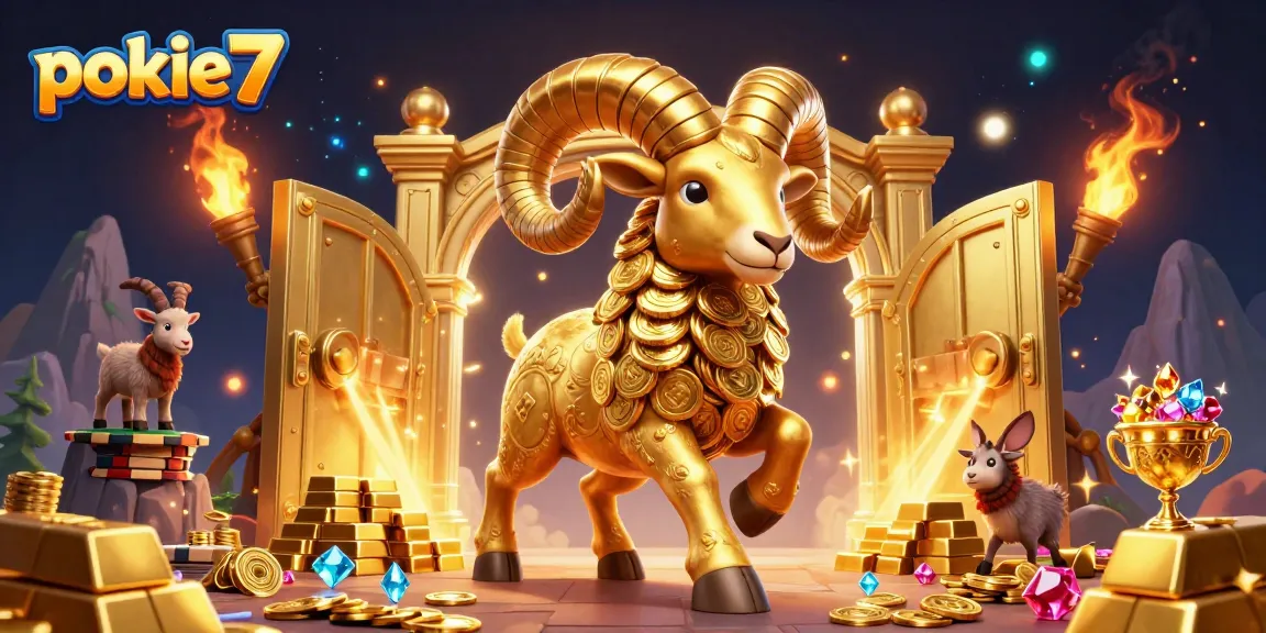 Experience the thrill of pokie7 as the golden ram charges through a treasure-filled scene, showcasing excitement.