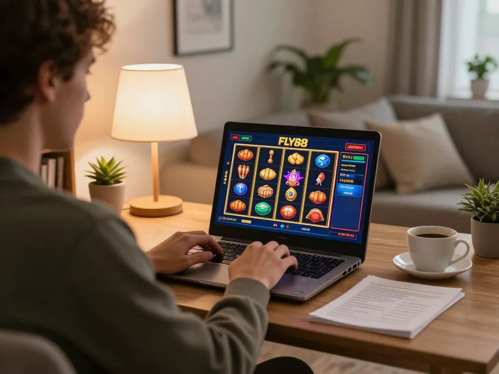 Engaging in FLY88 online casino gaming on a laptop in a cozy home setting