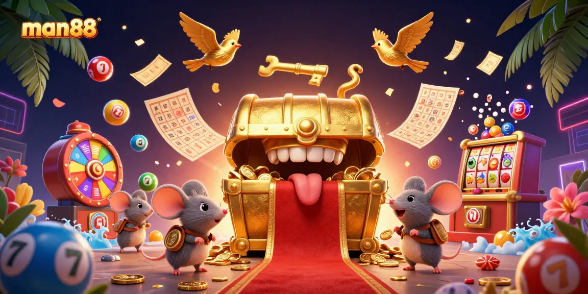 Spin the thrilling games at man88 with a vibrant 3D illustration of riches and excitement.