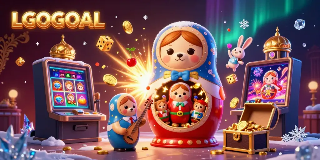 Engage with LGOGOAL through an exciting 3D illustration of casino characters celebrating vast winnings, enhanced by game elements.