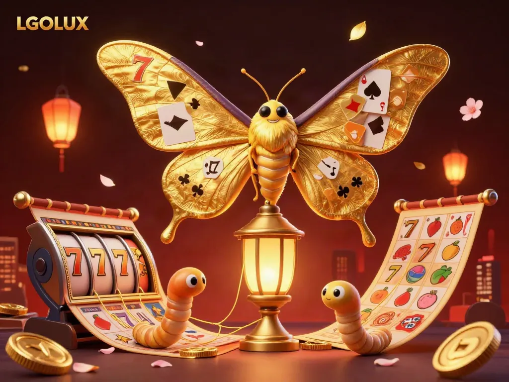 Engage with LGOLUX's vibrant casino scene featuring golden moths and slot elements.