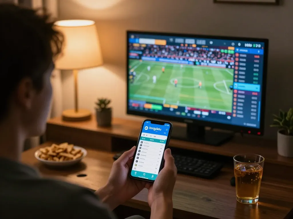 Engaging with the bongdalu pro app for live sports betting in a home setting.