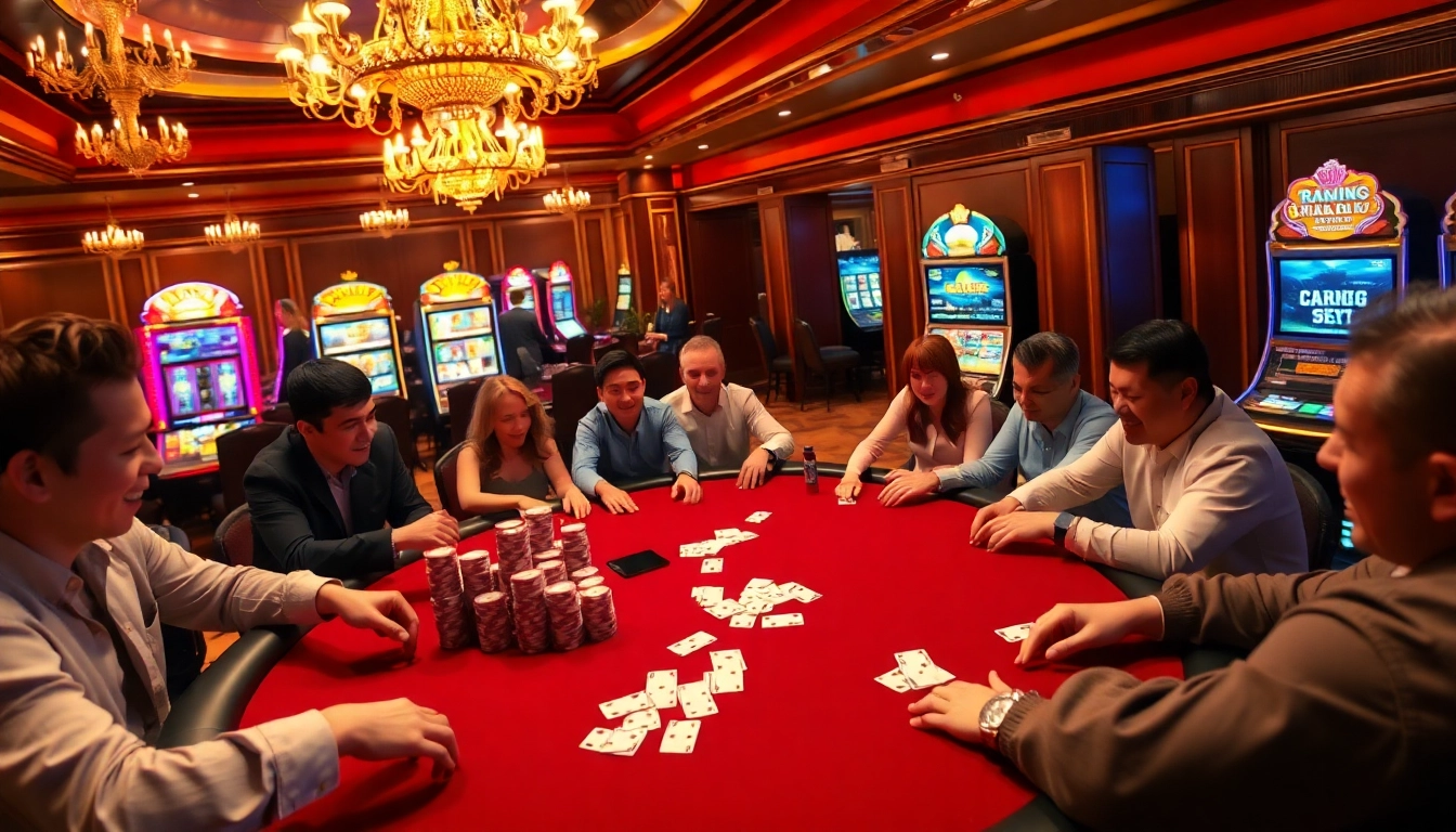 A vibrant casino scene at trang chủ cm88 featuring excited players at a poker table with glimmering chips and slot machines.