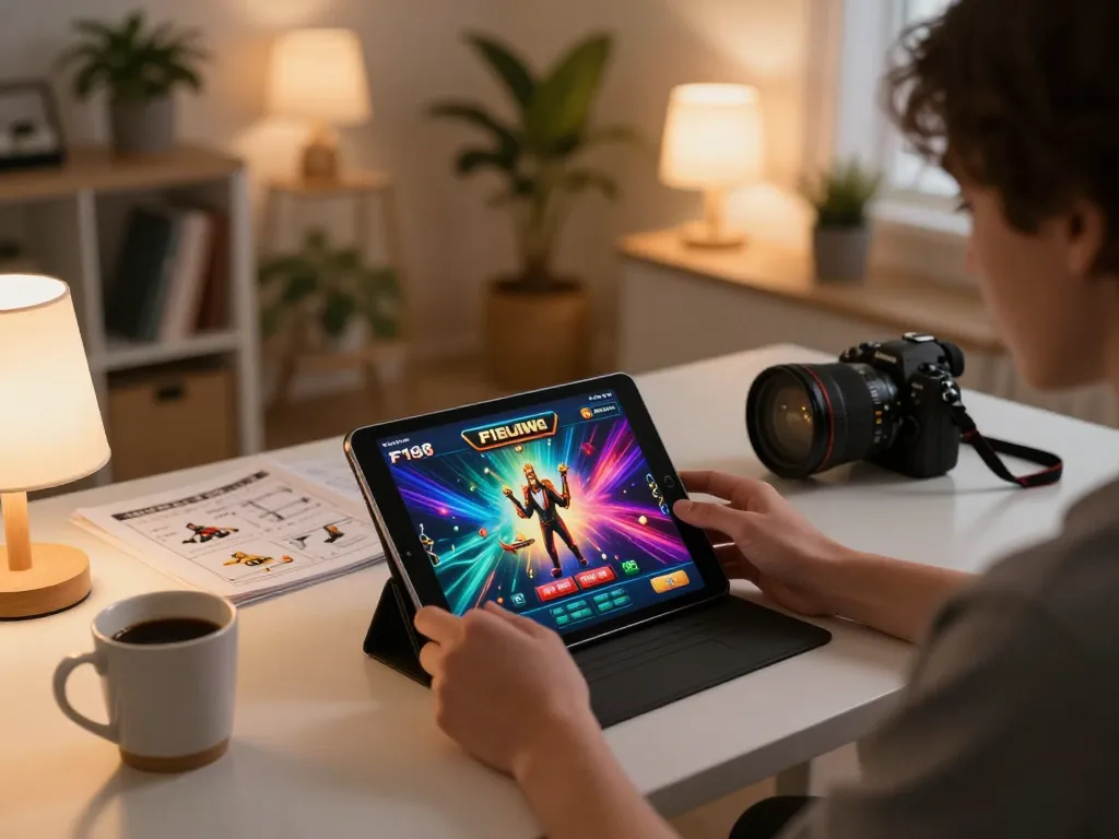 Engaging with the F168 mobile casino app on a tablet, showcasing an inviting home gaming setup.