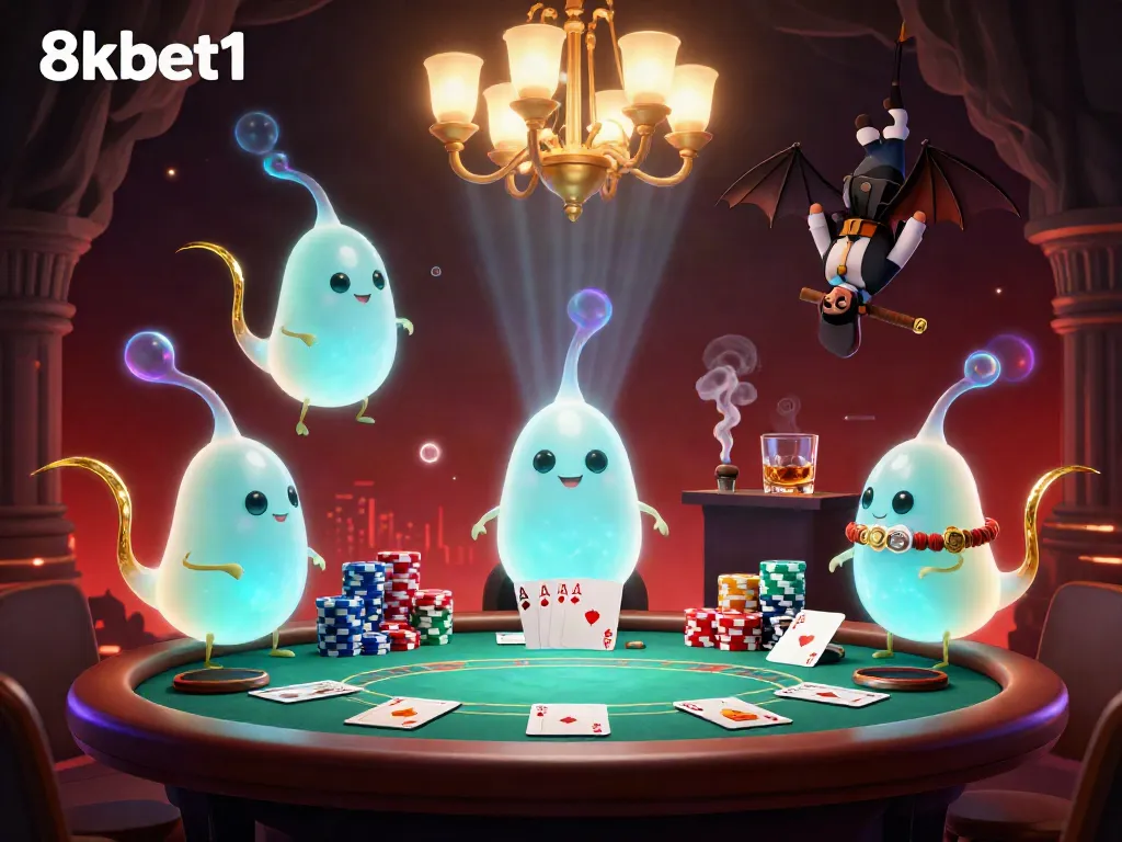 Engage in thrilling poker with 8xbet1, illuminated by bioluminescent glowworms in a magical cave casino.