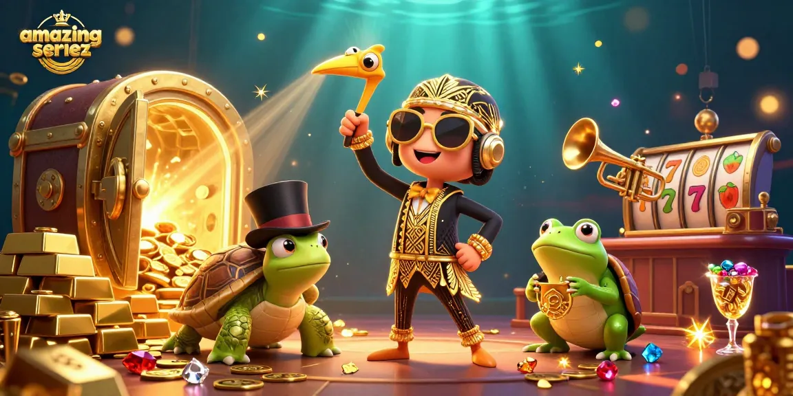 Join the fun at amazingseriez with slot reels and golden treasures in an exciting casino scene!