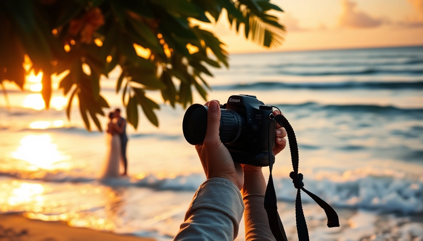 Destination photographer capturing a romantic sunset wedding on the beach, highlighting the emotion of the moment.