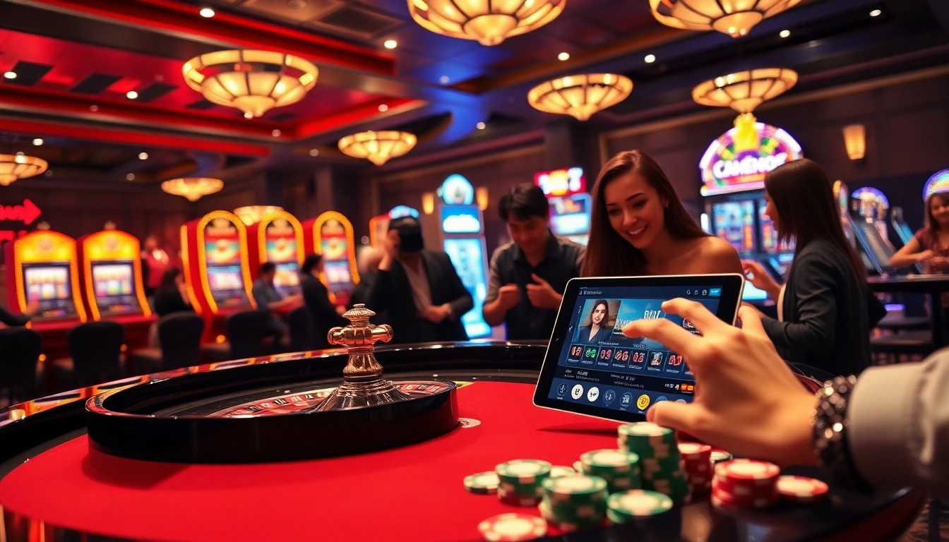 Engaging gamblers at a luxurious casino, showcasing CM88 đăng nhập on modern devices with a roulette table and vibrant slot machines.