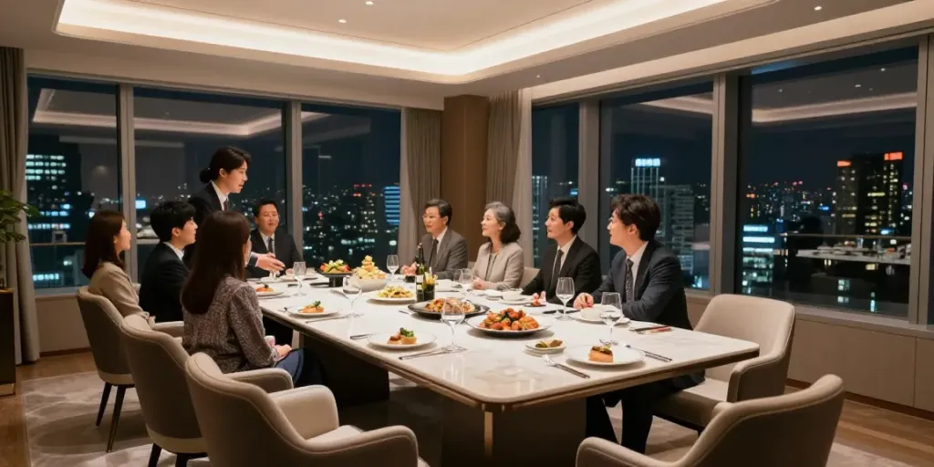 강남 구구단의 고급스러운 독립 룸에서의 모임 모습