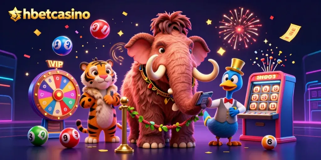 Experience the excitement at shbetcasino with our vibrant cartoon scene showcasing a woolly mammoth bouncer and VIP guests.