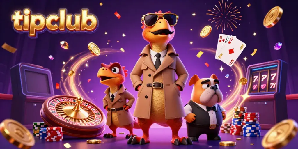 Experience the thrill of tipclub with playful raptors entering a VIP casino, surrounded by coins and gems.