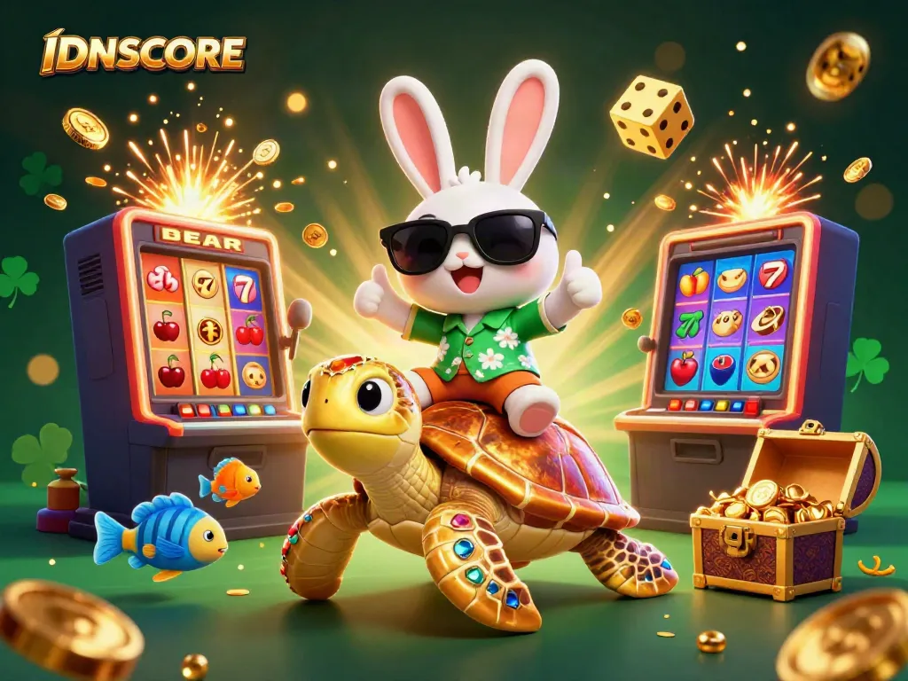 IDNSCORE showcases a lively scene with a lucky rabbit and a golden turtle amidst vibrant casino elements