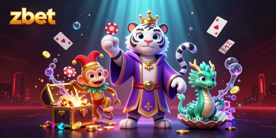 Engage in thrilling zbet gaming adventures with an enchanting 3D casino illustration featuring a regal tiger and playful monkey.
