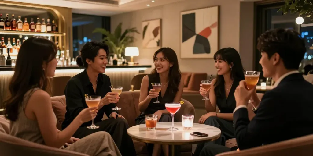 세이렌 쩜오가 있는 강남의 고급스러운 라운지에서 친구들이 칵테일을 즐기고 있는 장면