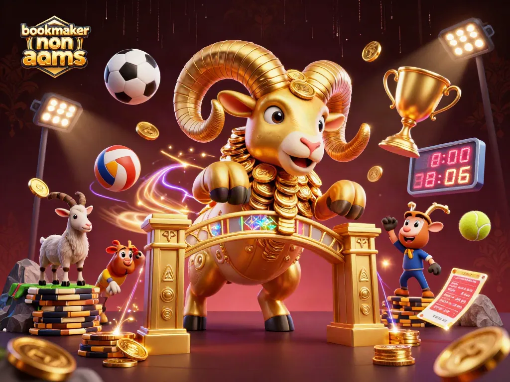 Bookmaker non AAMS: un'illustrazione vibrante che celebra le scommesse con un ram dorato e sport dinamici.