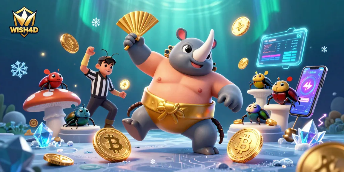 Experience WISH4D action with a beetle sumo champion in a vibrant casino scene.