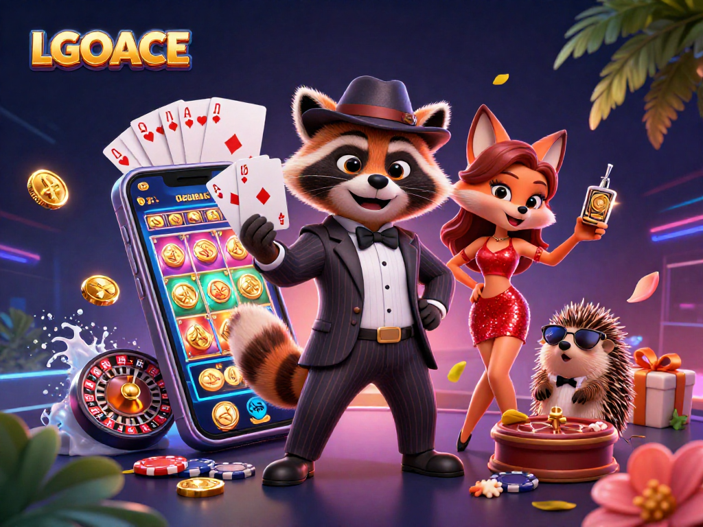 LGOACE provides a vibrant casino experience with a raccoon in a suit, fox in a dress, and playful gaming elements.