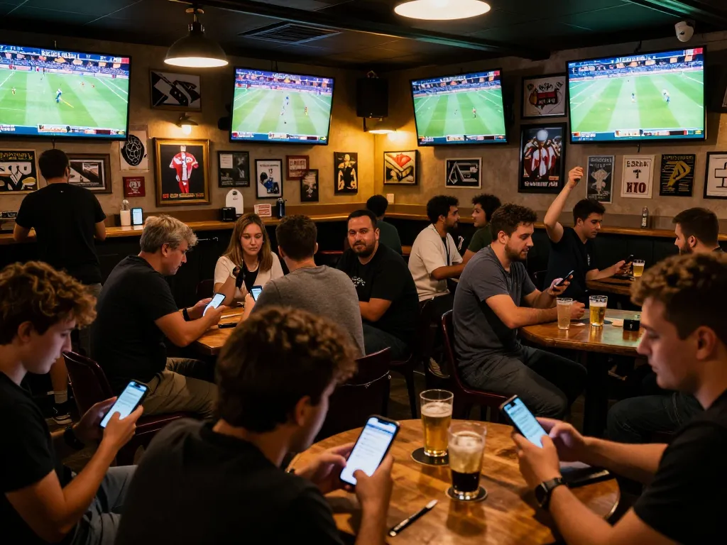 Tifosi che utilizzano siti scommesse non AAMS per piazzare scommesse mentre si godono lo sport in un vivace bar sportivo.