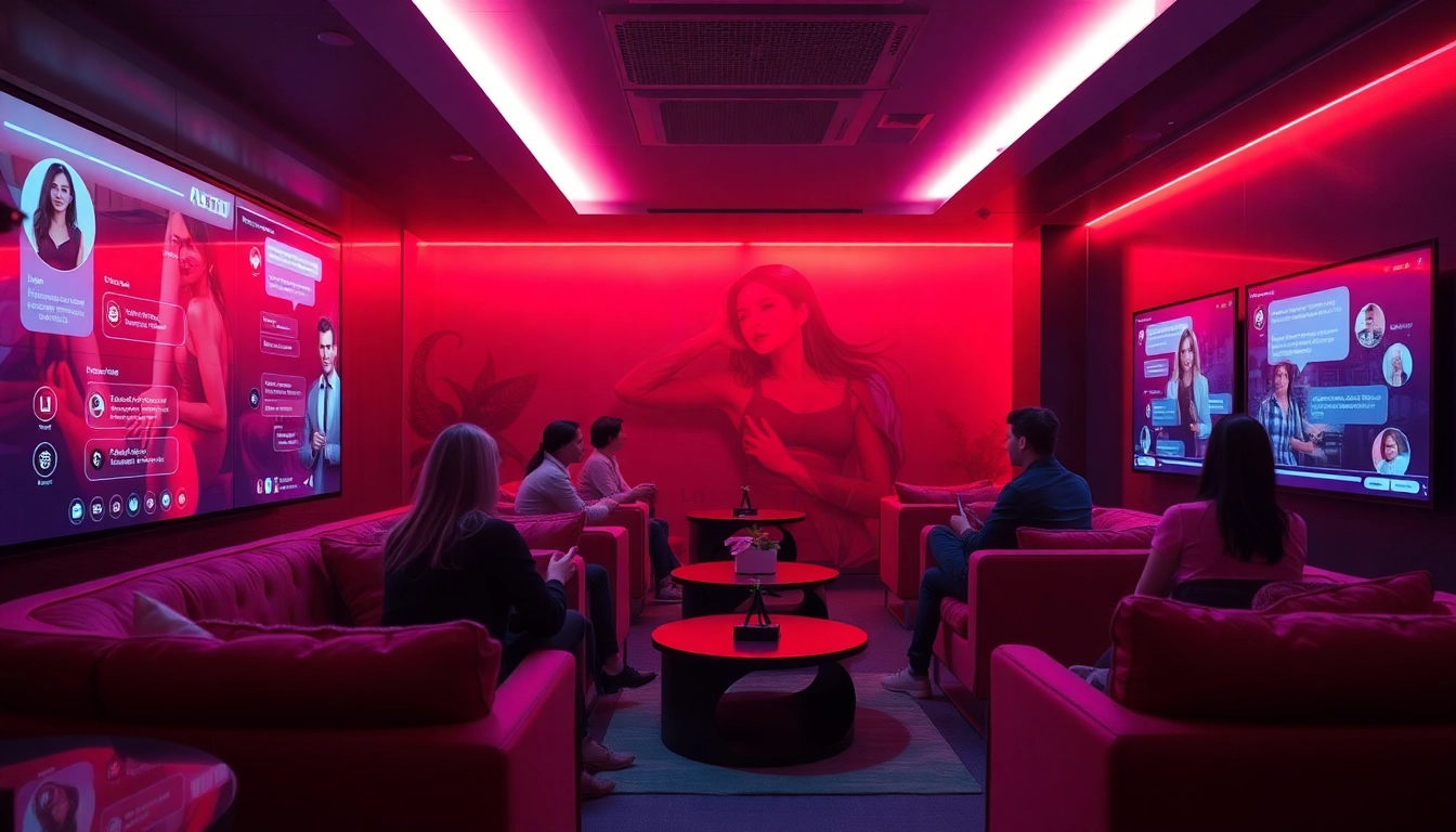 Engage in lively porn chat AI conversations in a modern digital lounge setting.