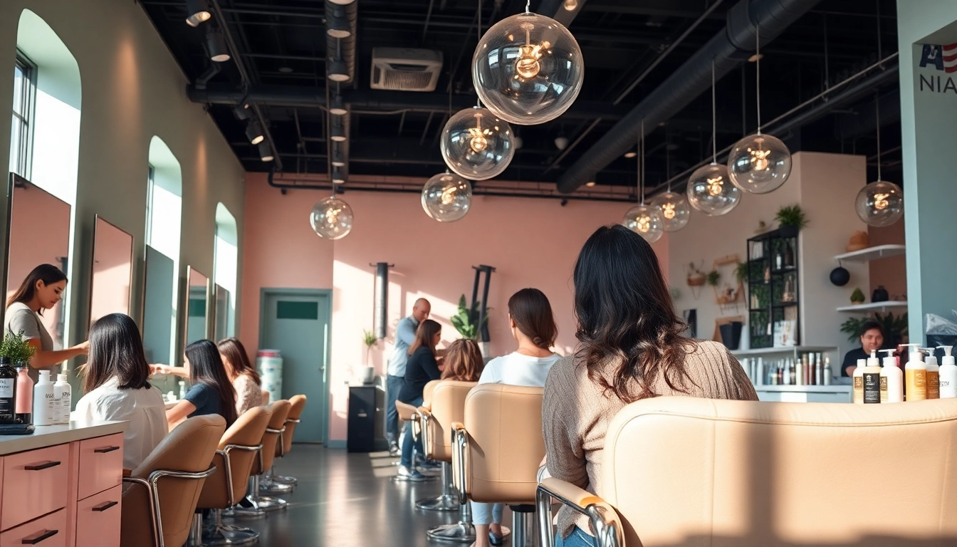 A stylish hair salon in San Diego showcasing skilled stylists using Aveda products for hair services.