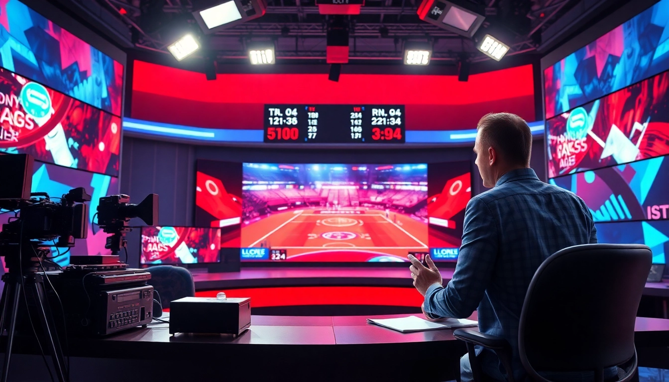 Sports broadcasting studio showcasing an energetic anchor presenting live events.
